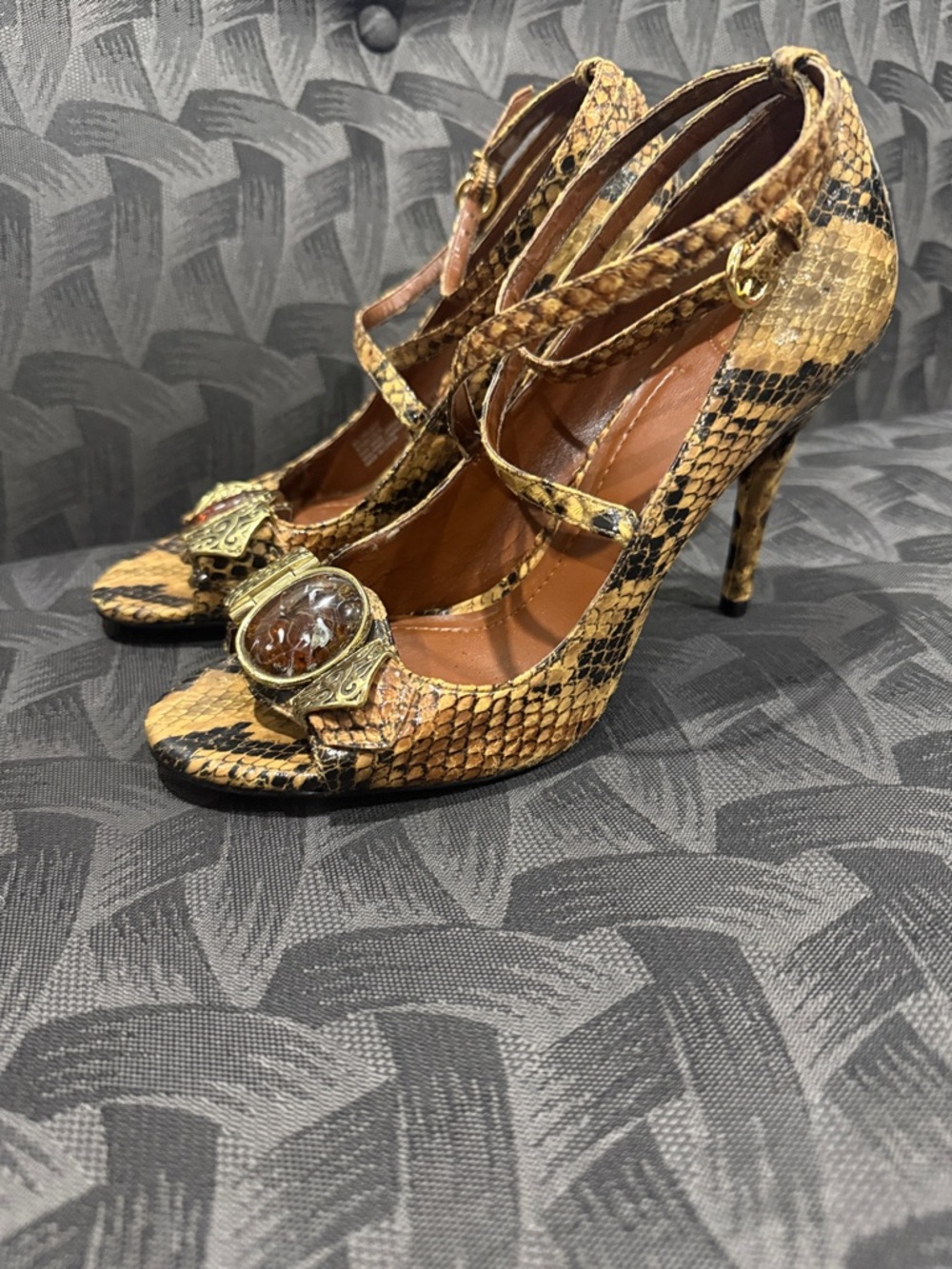 BCBG Snake-Print Jeweled Strappy High Heel Sandals